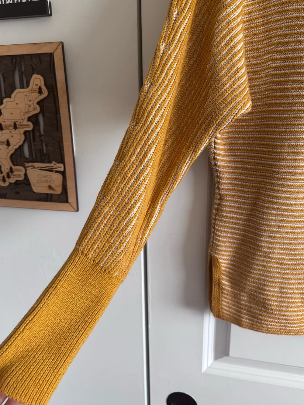Max Studio Mustard and Cream Striped Crewneck Sweater
